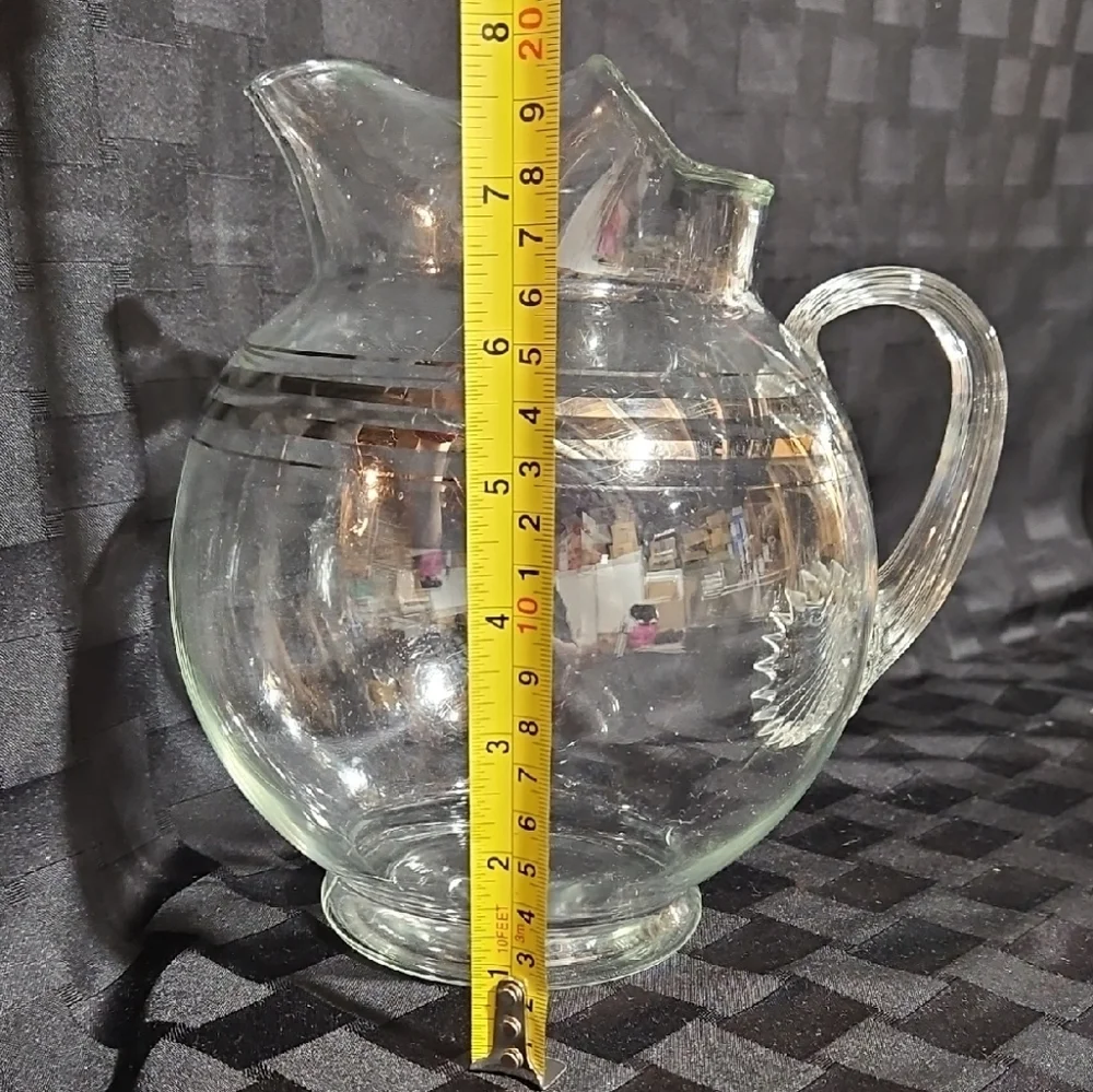 VTG MCM Clear Glass Ball Pitcher & 5 Roly Poly Tumbler Set Silver Stripe Banding
